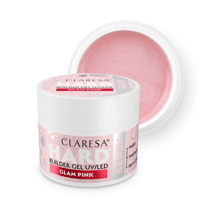 CLARESA HARD&EASY statybinis nagų gelis GLAM PINK 45g – profesionalus rožinis gelis nagų statybai manikiūrui