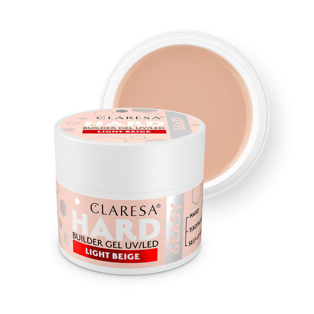 CLARESA HARD&EASY statybinis nagų gelis LIGHT BEIGE 12g – profesionalus manikiūro gelis šviesiai smėlio spalvos