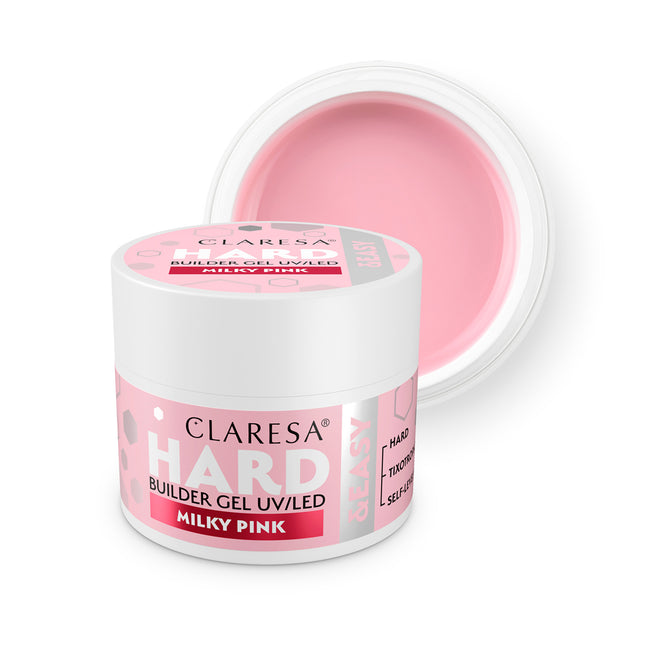 CLARESA HARD&EASY statybinis nagų gelis MILKY PINK 12g – profesionalus manikiūro gelis nagų statybai