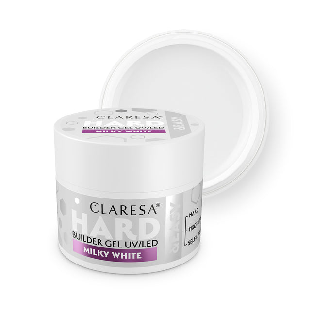 Claresa Hard&Easy statybinis gelis nagams Milky White 12g – profesionalus kietas UV gelis nagų technikiams