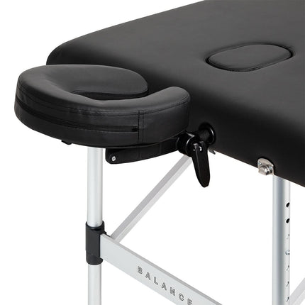 Juodas BALANCE masažo stalas iš šono – elegantiškas dizainas profesionaliam grožio salonui