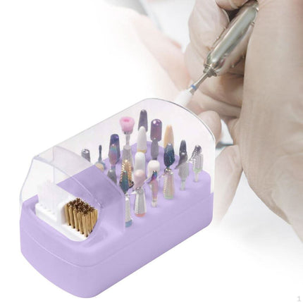 Frezos antgalių dėklas su dangteliu ir valymo šepetėliu, violetinis