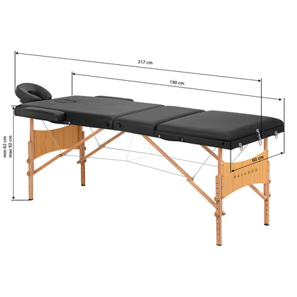 Juodas BALANCE sulankstomas masažo stalas – stilingas ir ergonomiškas pasirinkimas grožio salonui