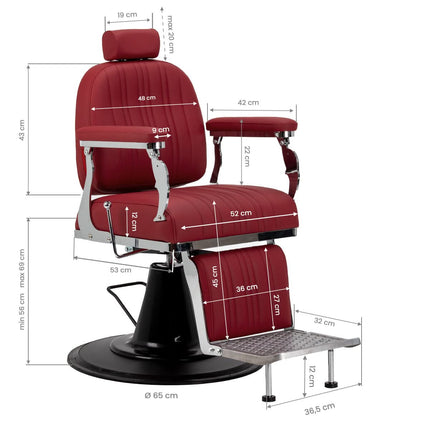 GABBIANO ELIAS raudona kėdė – ergonomiška barberio įranga su plačiu aukščio reguliavimo diapazonu