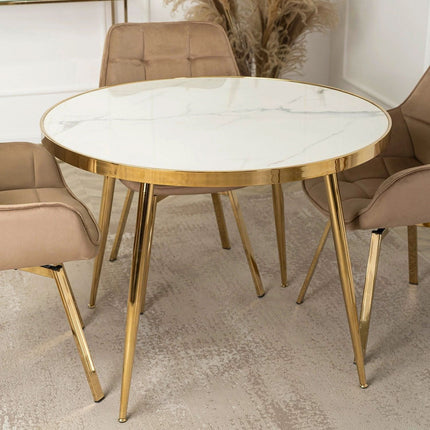 Apvalus stalas TINGA 100 cm, baltas marmuras/auksinis - Beauty Kit
