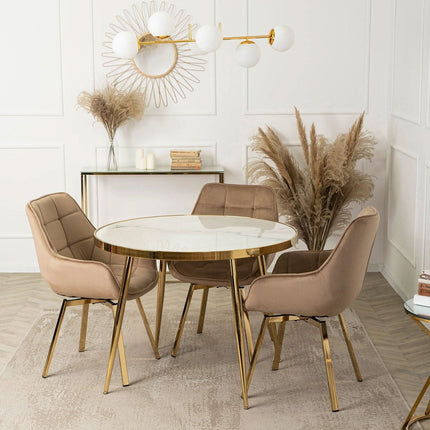 Apvalus stalas TINGA 100 cm, baltas marmuras/auksinis - Beauty Kit