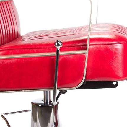 Raudona kirpyklos kėdė BS HOMER BH-31237 – tvirta metalinė konstrukcija barber shop interjerui