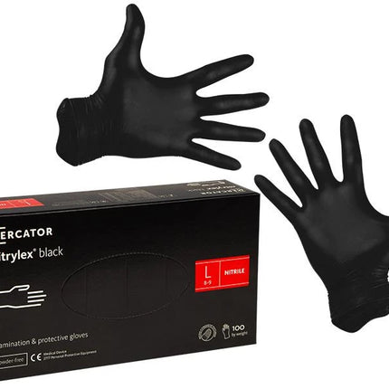 Vienkartinės nitrilinės pirštinės MERCATOR Nitrylex Black, L dydis, juodos sp., be pudros, 100 vnt.