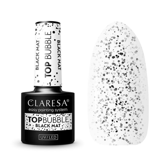CLARESA gelinio nagų lako matinis viršutinis sluoksnis Top Bubble Black Matt 5g – tekstūrinis efektas manikiūrui