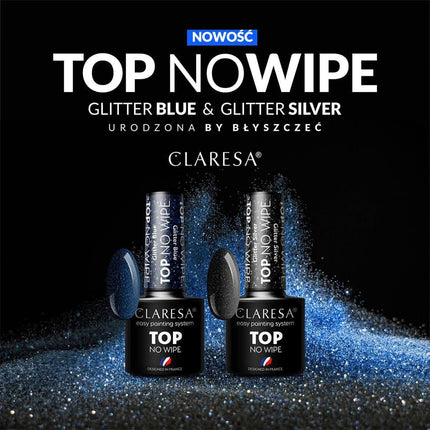 CLARESA gelio viršutinis sluoksnis TOP NO WIPE GLITTER BLUE, 5g - Beauty Kit