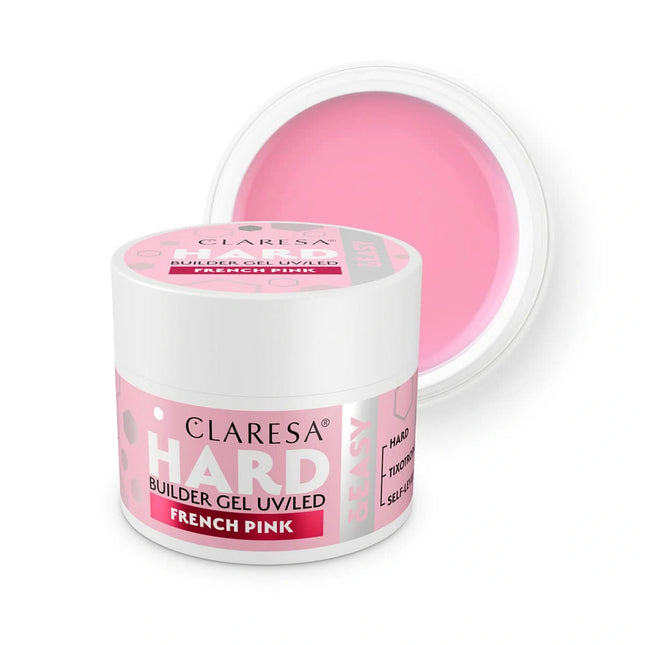 CLARESA HARD&EASY statybinis nagų gelis FRENCH PINK 12g – profesionalus manikiūro gelis šviesiai rožine spalva