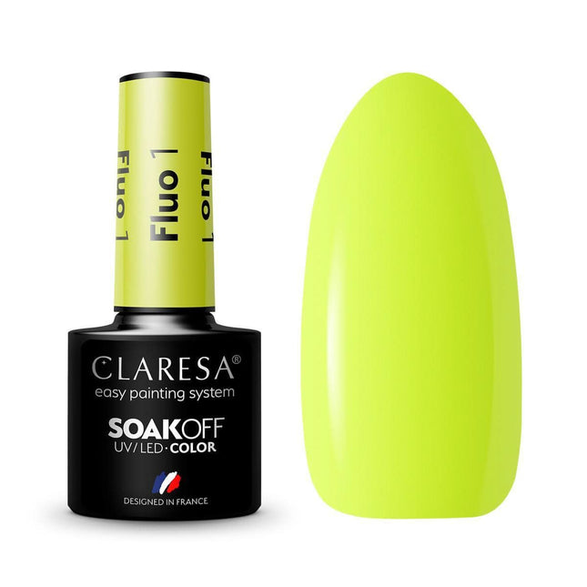 CLARESA hibridinis nagų lakas FLUO 1 5g – ryškus geltonas neoninis manikiūro lakas hibridinis