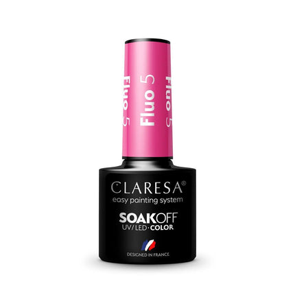 CLARESA nagų lakas FLUO 5 – fluorescencinė rožinė hibridinė formula, 5g, idealiai neužlieja odelių