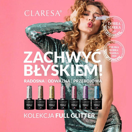 CLARESA FULL GLITTER hibridinis lakas nagams intensyvi pigmentacija iki 3 savaičių blizgus manikiūras