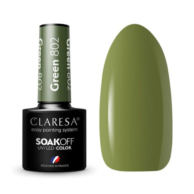 CLARESA hibridinis nagų lakas GREEN 802 5g – žalia spalva iš kolekcijos TAKE ME TO THE RIVER, profesionaliam manikiūrui