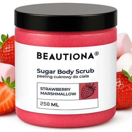 Beautiona cukrinis kūno šveitiklis Strawberry & Marshmallow 250ml – profesionalus odos šveitimas salonams