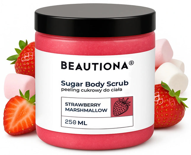 Beautiona cukrinis kūno šveitiklis Strawberry & Marshmallow 250ml – profesionalus odos šveitimas salonams