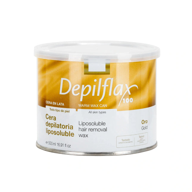 DEPILFLAX 100 auksinis depiliacinis vaškas skardinėje 500 ml – profesionalus minkštas vaškas salonams, visų odos tipų