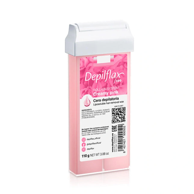 DEPILFLAX Creamy Pink depiliacijos vaškas rulete 110g – kreminis vaškas jautriai odai salonams