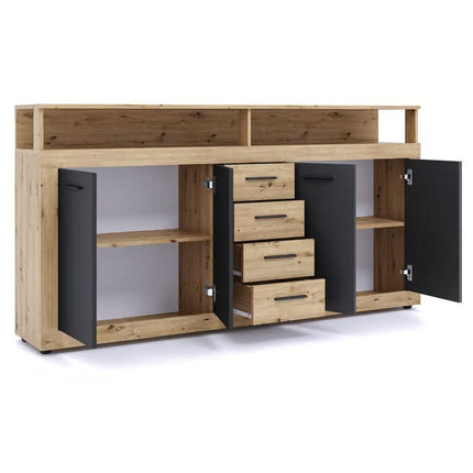 Комод BLAGO с четырьмя дверцами, 190 см, светлый дуб / черный, современный стиль лофт