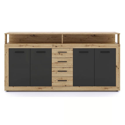 Комод BLAGO с четырьмя дверцами, 190 см, светлый дуб / черный, современный стиль лофт