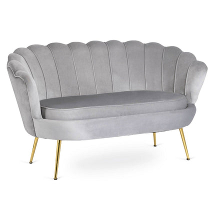 Mebel Elite ZENDAYA dviejų vietų sofa pilkos spalvos su auksinėmis kojelėmis grožio salonui