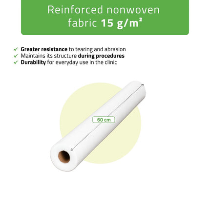 Vienkartinė neaustinė paklodė 60 cm × 50 m, 15 g/m², balta