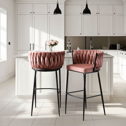 FLORES baro kėdė su austu atlošu – rožinės spalvos aksomas - Beauty Kit