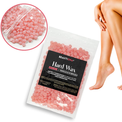 Kietasis depiliacijos vaškas granulėmis PINK, 100 g, Beauticons, naudojant išilginę dėmę