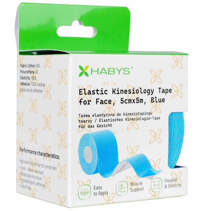 Кинезио тейп HABYS FACE 5 см × 5 м, синий - крупным планом