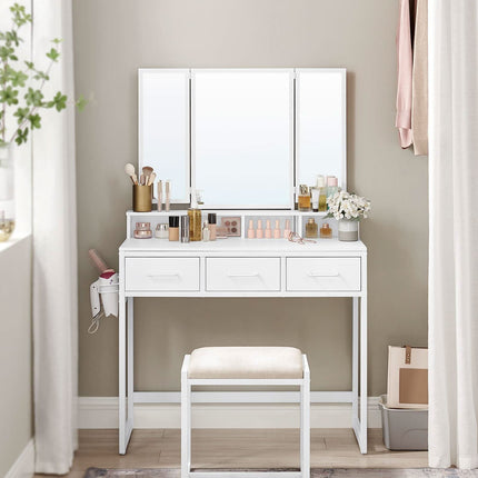 Kosmetinis staliukas, 3 veidrodžiai + 3 stalčiai + kėdutė RVT004W14 - Beauty Kit