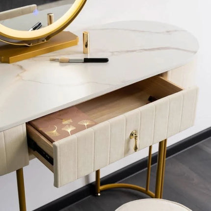 Kosmetinis staliukas ASHLEY su pufu ir LED veidrodžiu, smėlio spalvos / auksinis - Beauty Kit