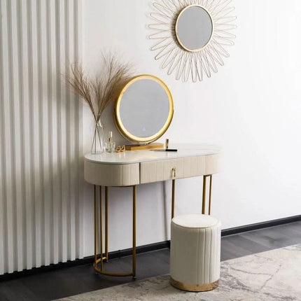 Kosmetinis staliukas ASHLEY su pufu ir LED veidrodžiu, smėlio spalvos / auksinis - Beauty Kit