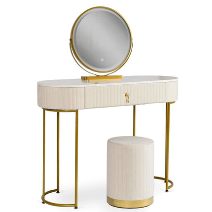 Kosmetinis staliukas ASHLEY su pufu ir LED veidrodžiu, smėlio spalvos / auksinis - Beauty Kit