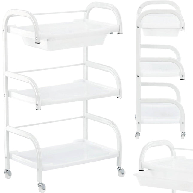 Kosmetinis vežimėlis grožio salonui ST019 – universalus staliukas ant ratukų su trimis lentynomis ir stalčiumi - Beauty Kit