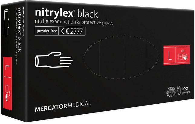 Vienkartinės nitrilinės pirštinės MERCATOR Nitrylex Black, L dydis, juodos sp., be pudros, 100 vnt.