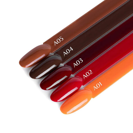 OCHO NAILS Autumn kolekcijos A02 lakas – 5g talpa intensyviai pigmentuotam hibridiniam nagų dizainui