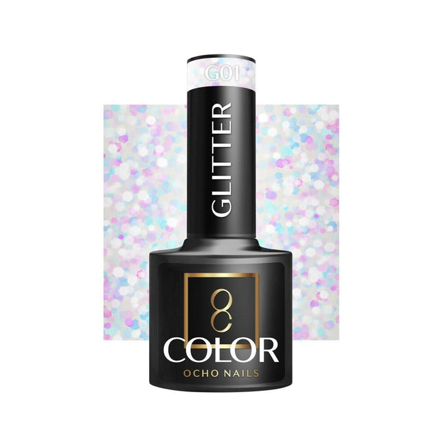 OCHO NAILS hibridinis nagų lakas GLITTER G01 5g – blizgantis lakas manikiūrui ir pedikiūrui