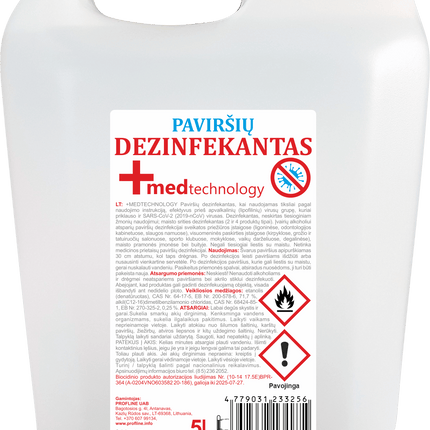 Paviršių dezinfekantas +MEDtechnology, 5 L (atitinka Lietuvos higienos reikalavimus) - Beauty Kit