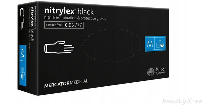 Vienkartinės nitrilinės pirštinės MERCATOR Nitrylex Black, M dydis, juodos sp., be pudros, 100 vnt.