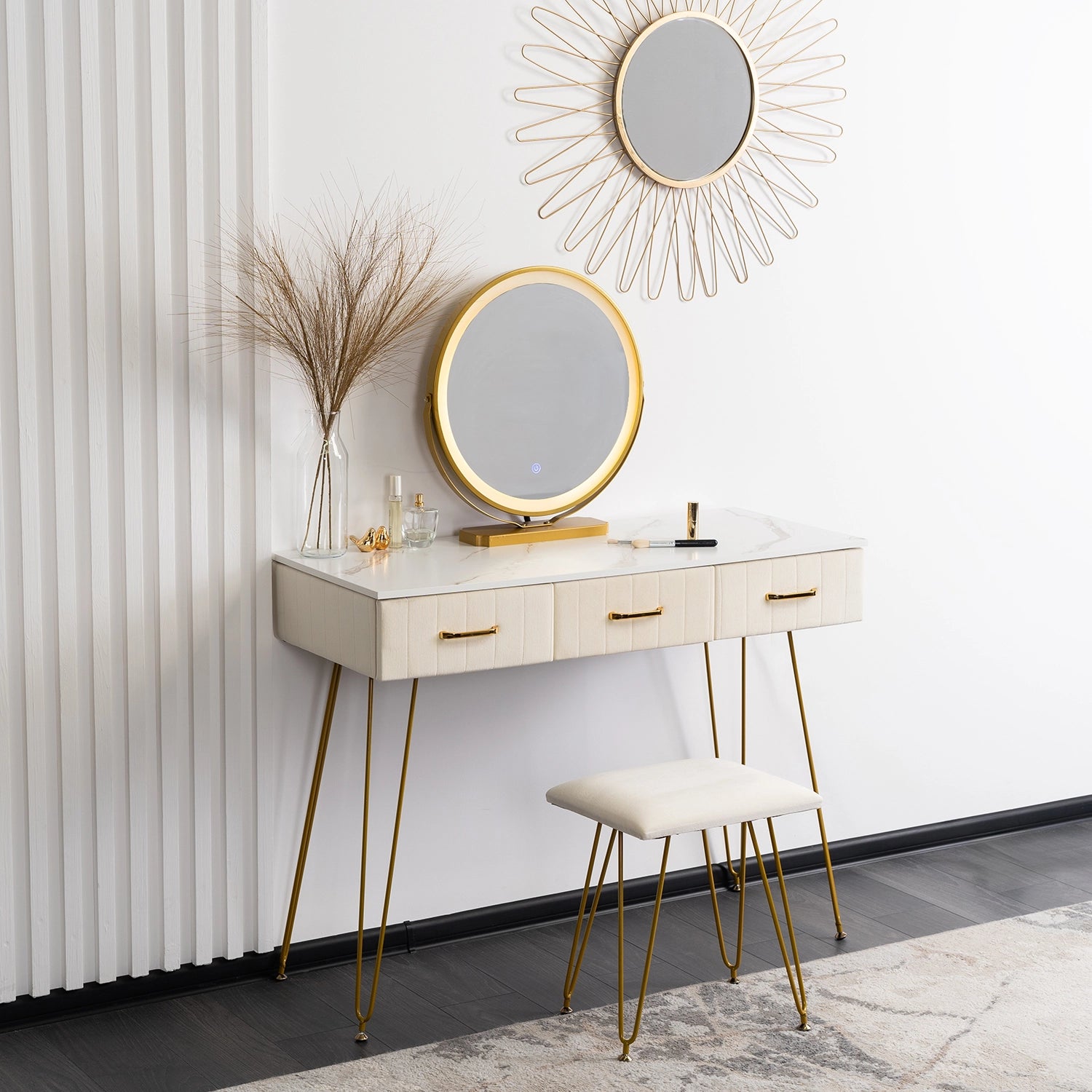 SANDY Cosmetic Dressing Table with Stool and LED Mirror, Cream / Gold