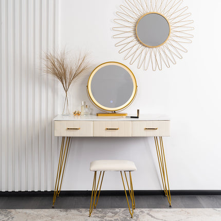 Kosmetinis staliukas SANDY su kėdute ir LED veidrodžiu, kreminis / auksinis