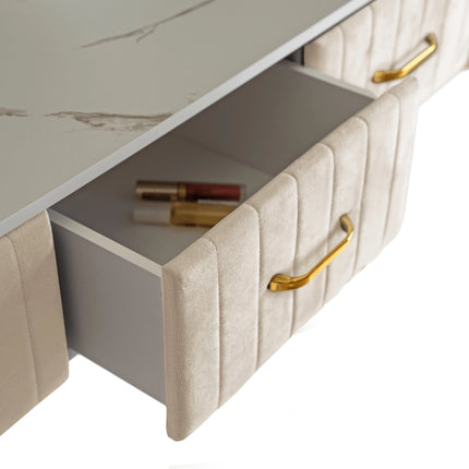 Kosmetinis staliukas SANDY su kėdute ir LED veidrodžiu, kreminis / auksinis