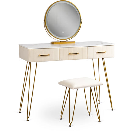 Kosmetinis staliukas SANDY su kėdute ir LED veidrodžiu, kreminis / auksinis