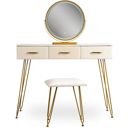 Kosmetinis staliukas SANDY su kėdute ir LED veidrodžiu, kreminis / auksinis