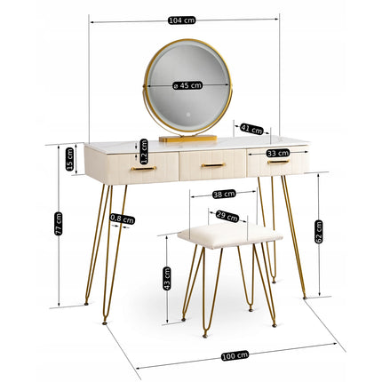 Kosmetinis staliukas SANDY su kėdute ir LED veidrodžiu, kreminis / auksinis