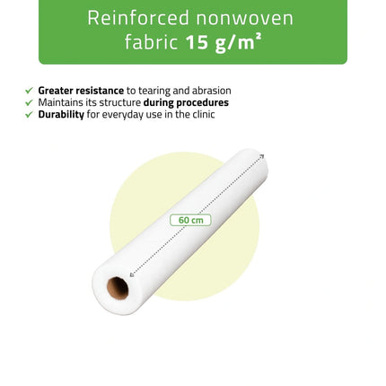 Vienkartinė neaustinė paklodė 60 cm × 50 m, 15 g/m², balta – iš arti