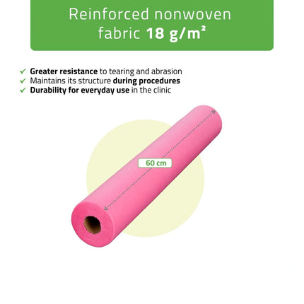 Vienkartinė neaustinė paklodė ritinyje 60cm×50m, 18g/m², rožinė – iš arti